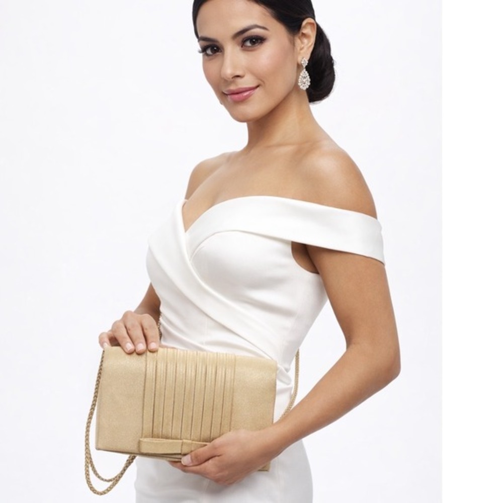Sasha Gold Satin Pleated Evening Clutch‎ Bow Braided Rope Strap Crossbody 25-06